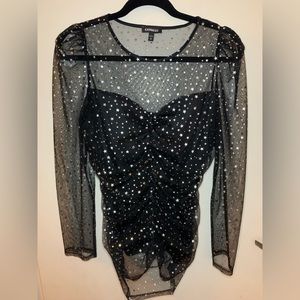 Express Long sleeve sheer black mesh top with black lining & silver star details